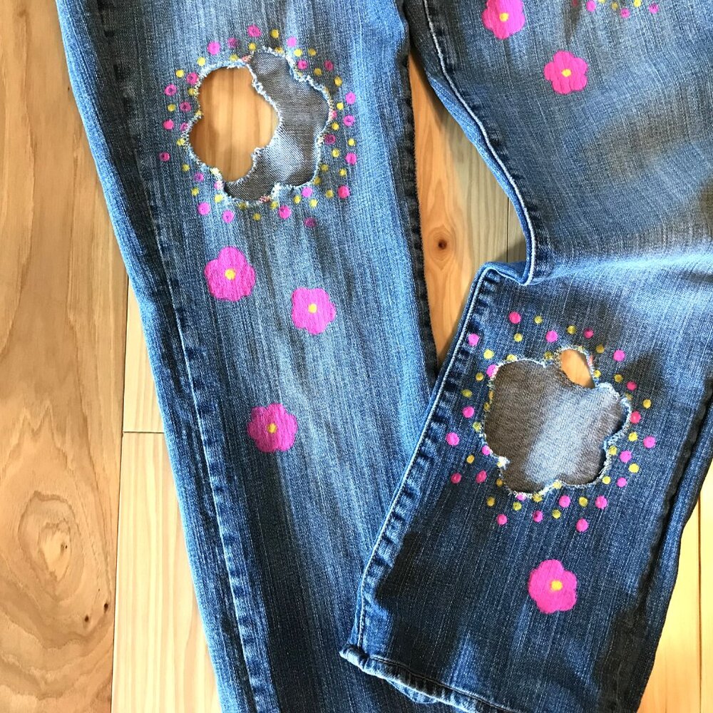 Upcycled Flower Cut-Out Jeans, Holey Distressed Funky Pants 10 Short - Picture 12 of 15